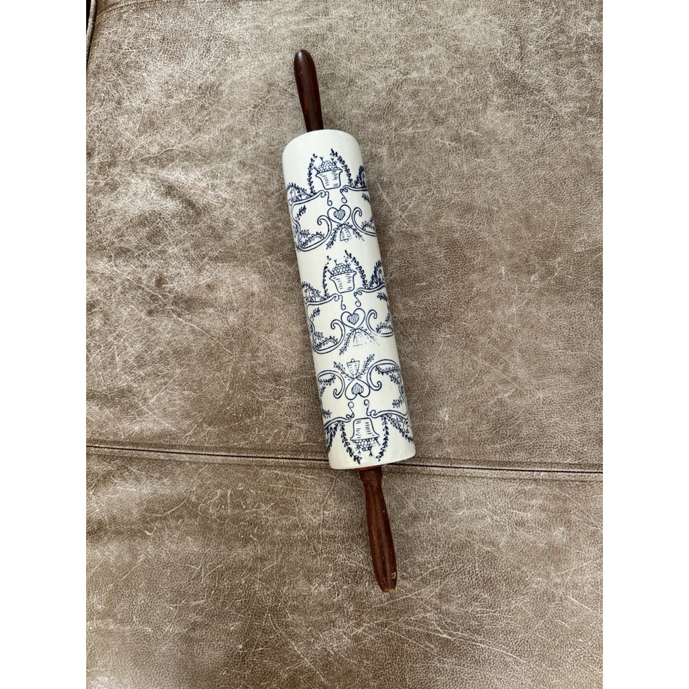 Roller Pin Blue White Glazed Stoneware Wood Handles 19-20"L Cooking Baking Vtg